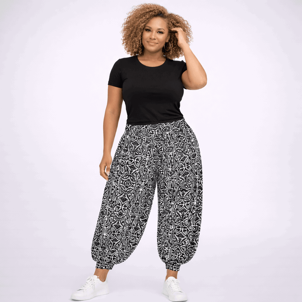 Black White Paisley Print Wide Leg Harem Pants - FullFab