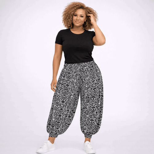 Black White Paisley Print Wide Leg Harem Pants - FullFab