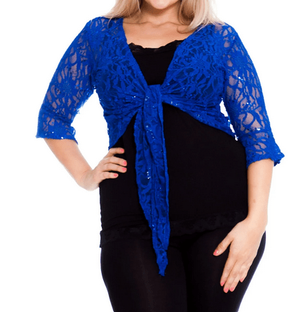 Blue lace bolero cardigan with three-quarter sleeves and a tie front design.