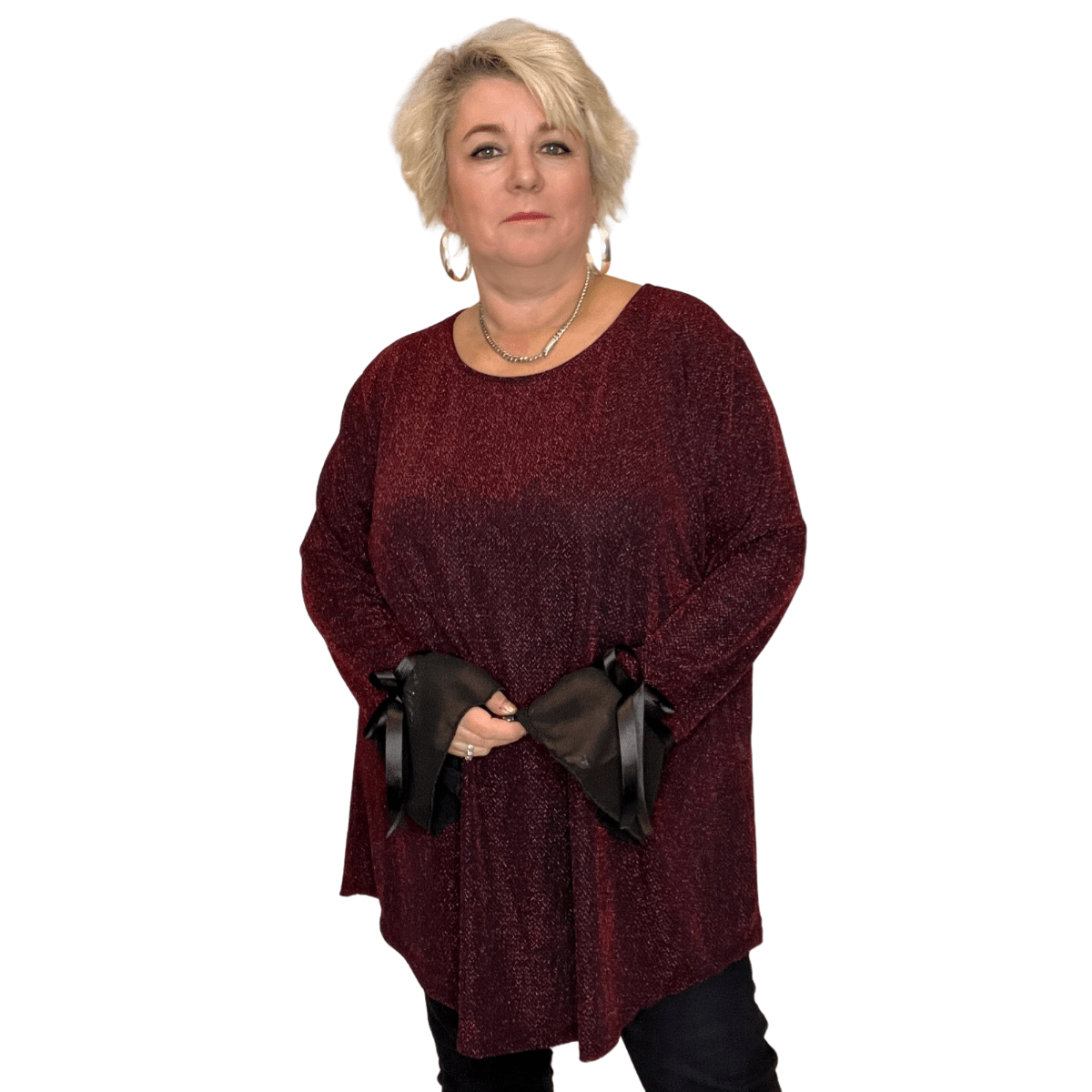 Burgundy Glitter Top with Black Ribbon Sleeves, perfect for stylish casual wear.
