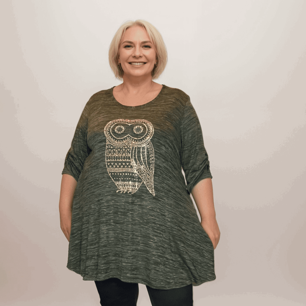 BUTTON SLEEVE SWING TOP WITH STUDDED OWL - FullFab
