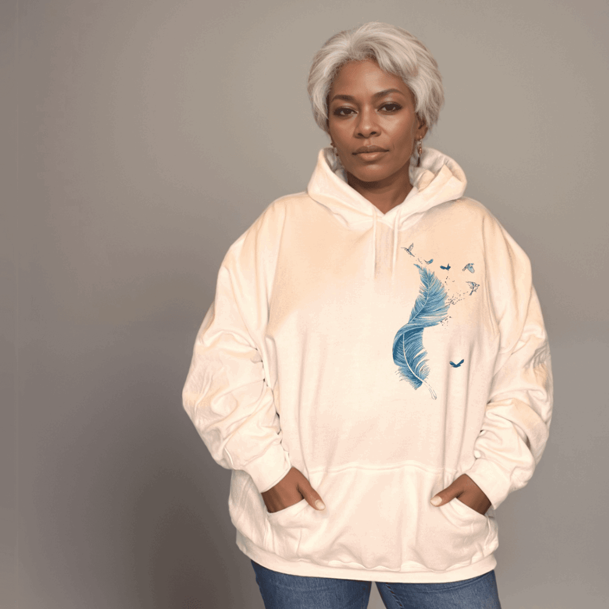 Cotton Hoodie Blue Feather Graphic - FullFab