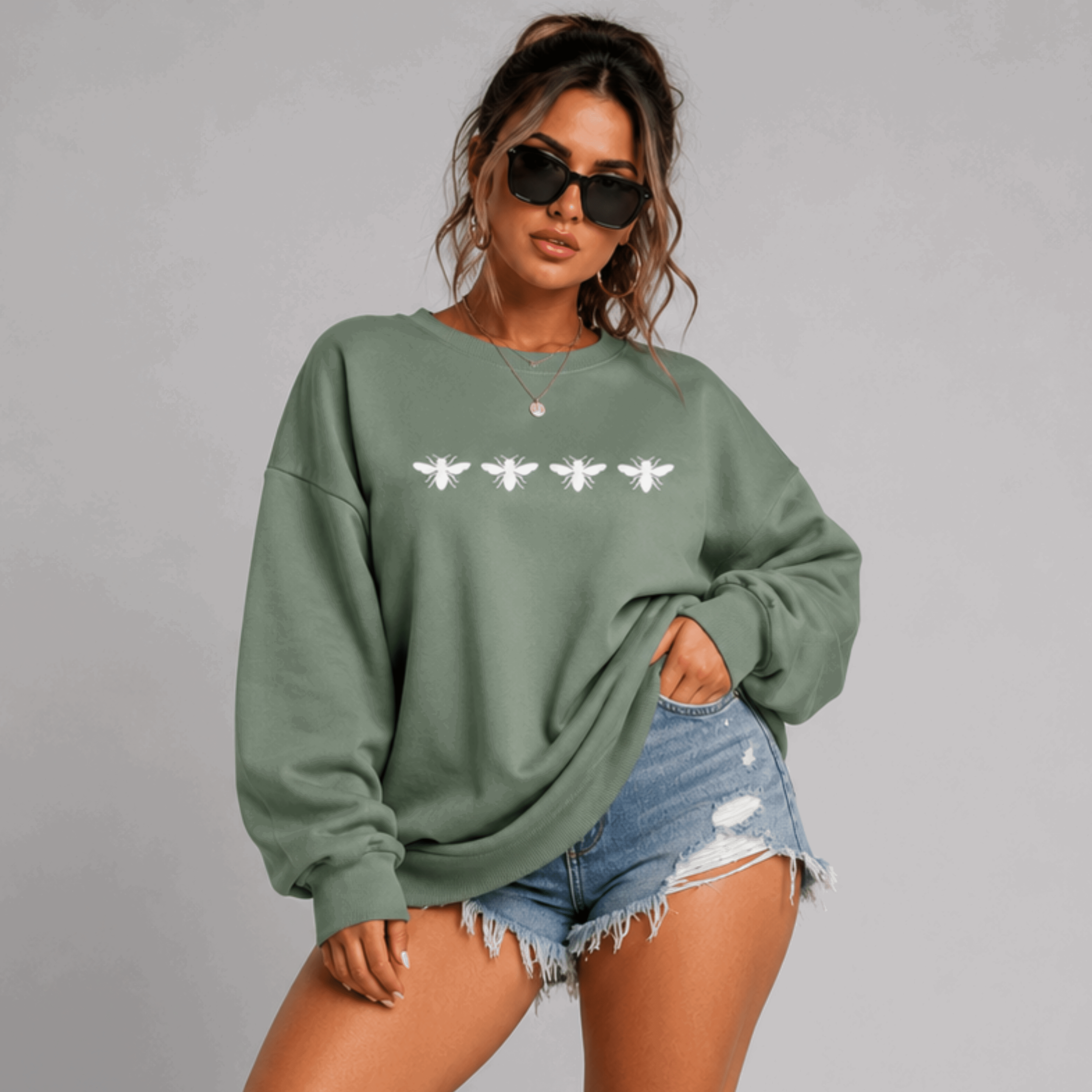 Cotton Sweatshirt with 4 White Bees Detail - FullFab