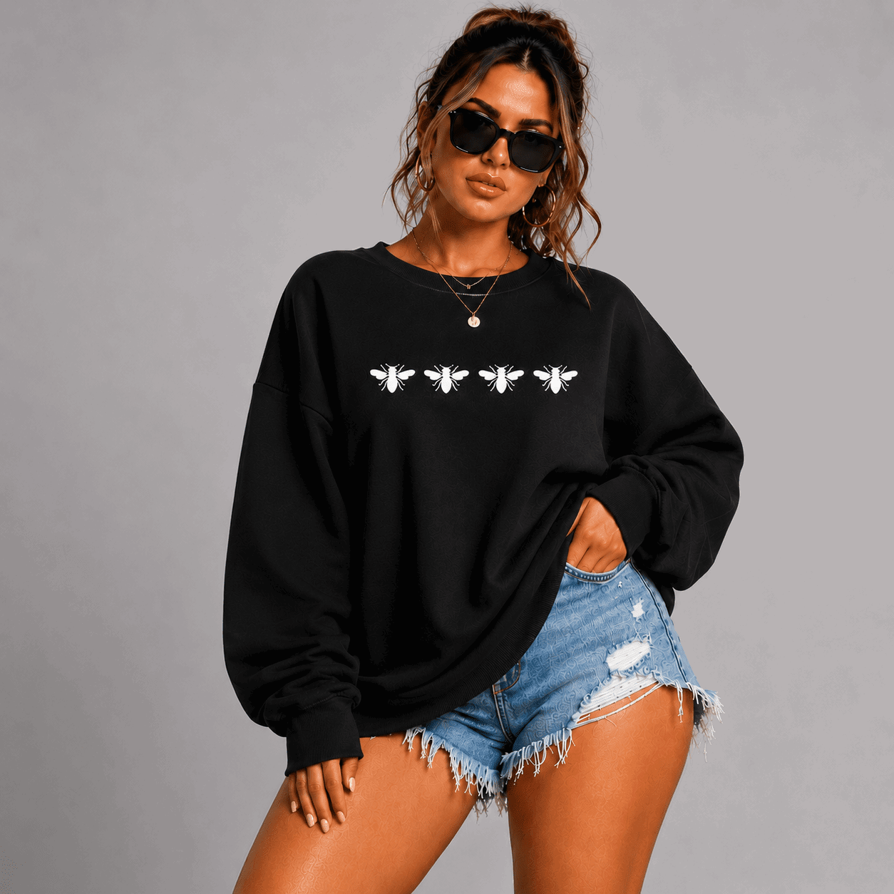 Cotton Sweatshirt with 4 White Bees Detail - FullFab