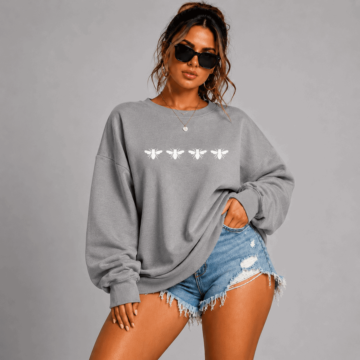 Cotton Sweatshirt with 4 White Bees Detail - FullFab
