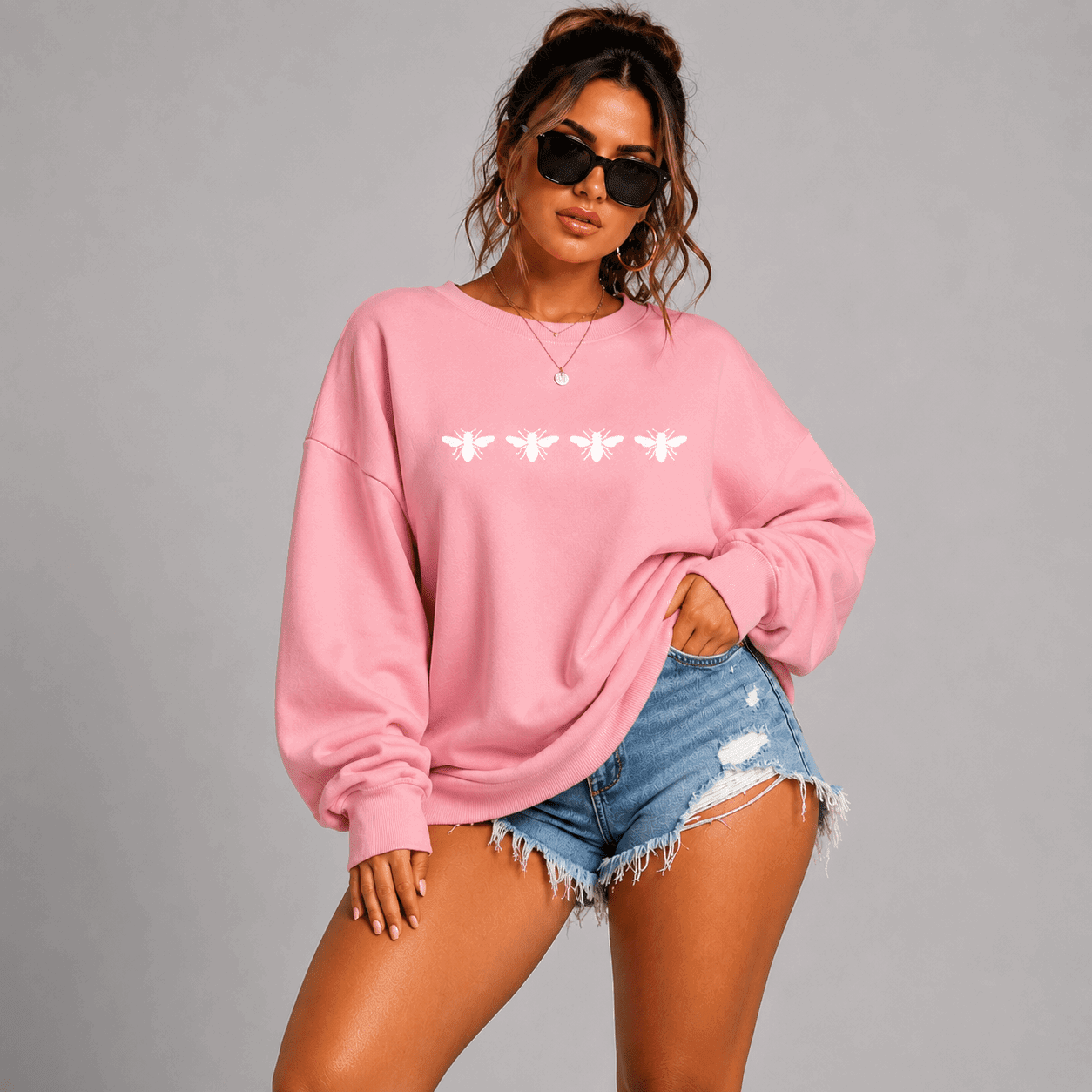 Cotton Sweatshirt with 4 White Bees Detail - FullFab