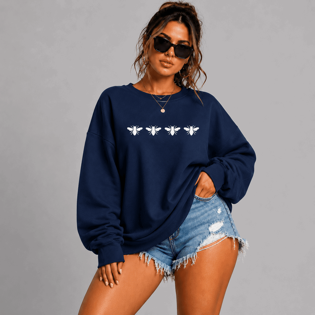 Cotton Sweatshirt with 4 White Bees Detail - FullFab