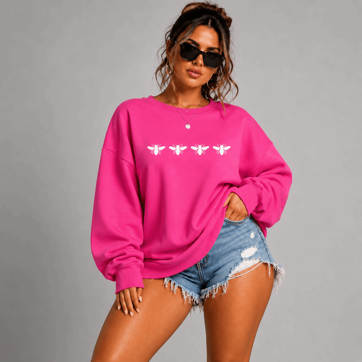 Cotton Sweatshirt with 4 White Bees Detail - FullFab