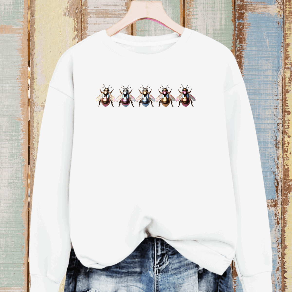 Cotton Sweatshirt with 5 Multi Coloured Bees - FullFab