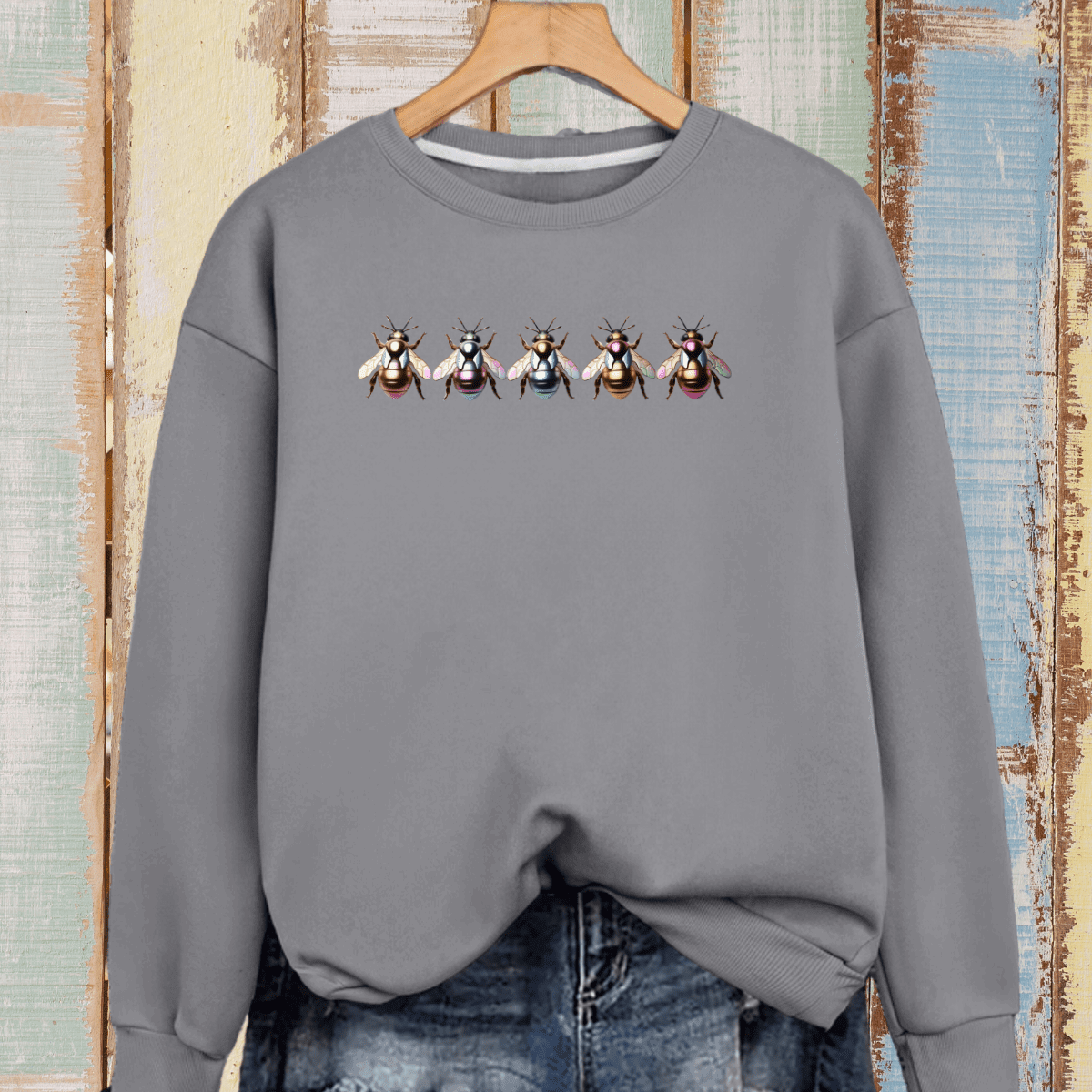Cotton Sweatshirt with 5 Multi Coloured Bees - FullFab