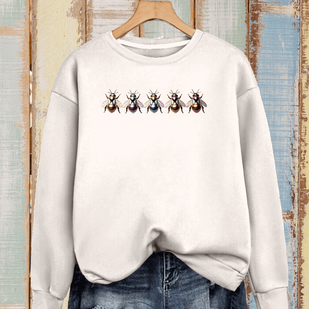 Cotton Sweatshirt with 5 Multi Coloured Bees - FullFab