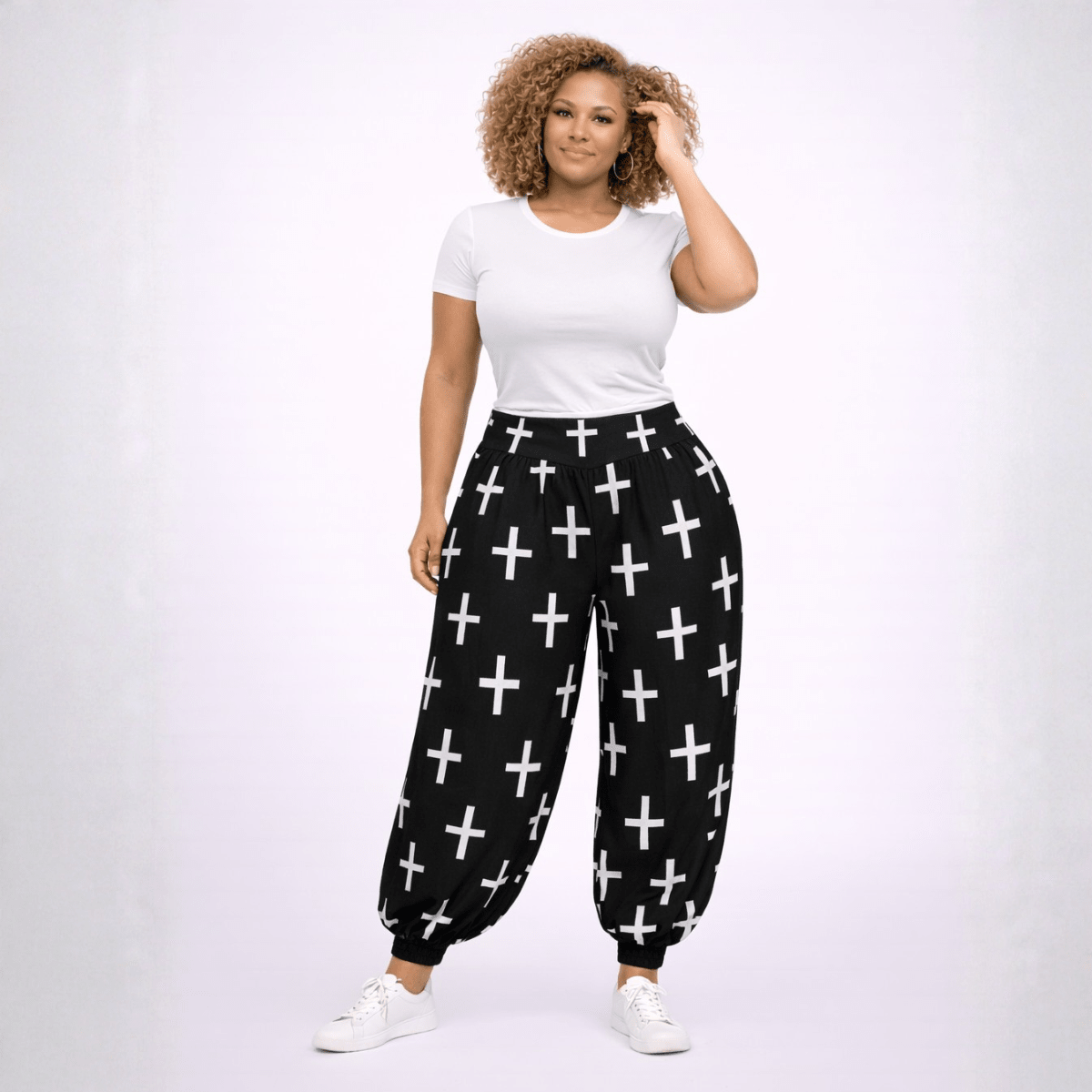 Cross Print Baggy Pants featuring a stylish black and white design, perfect for casual wear.