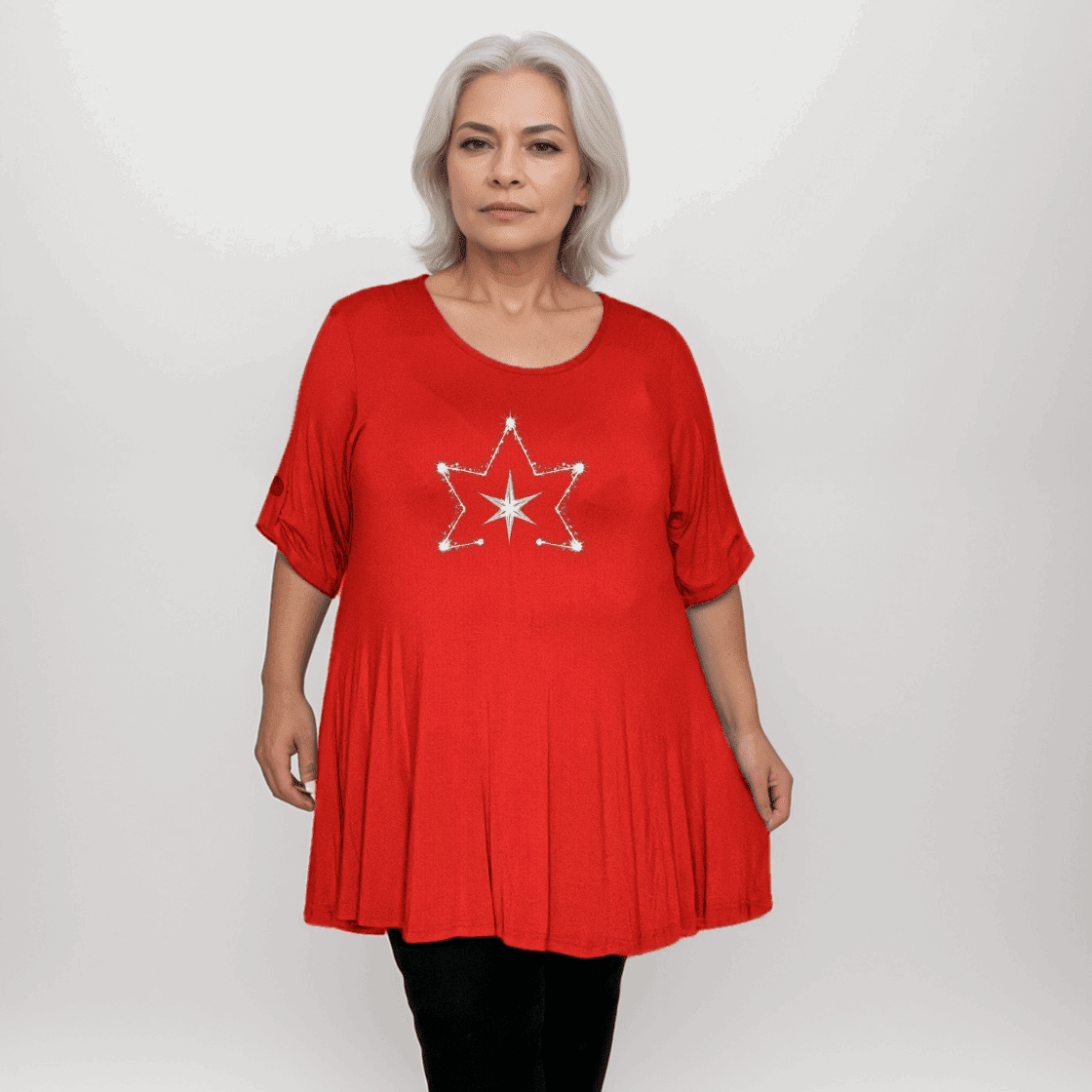 Double Star Plus-Size Button Sleeve Swing Top - FullFab