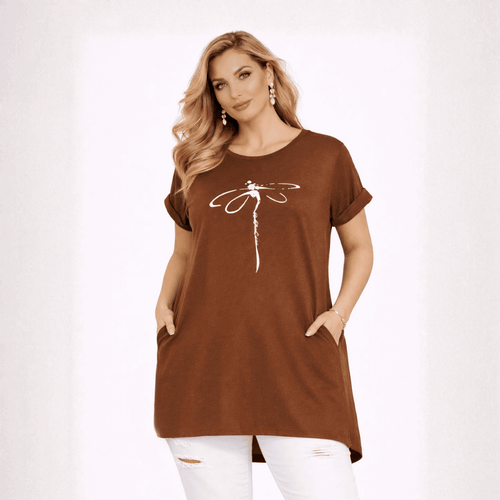 Dragonfly Long Dipped Hem T-Shirt with Pockets - FullFab