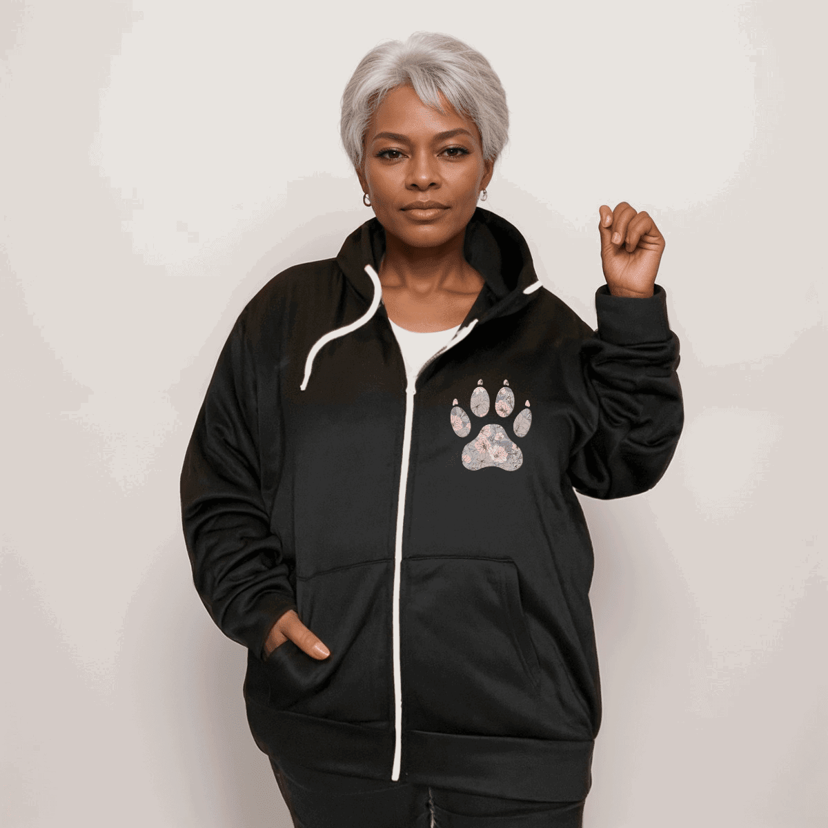 FLORAL PAW PRINT ZIP UP HOODIE - FullFab