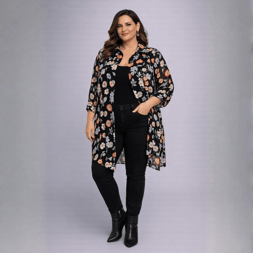 Black Blue Floral Long Shirt Blouse - FullFab