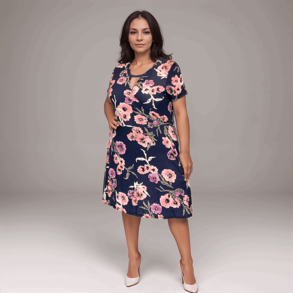 FLORAL SHORT SLEEVE MOCK WRAP SKATER DRESS - FullFab