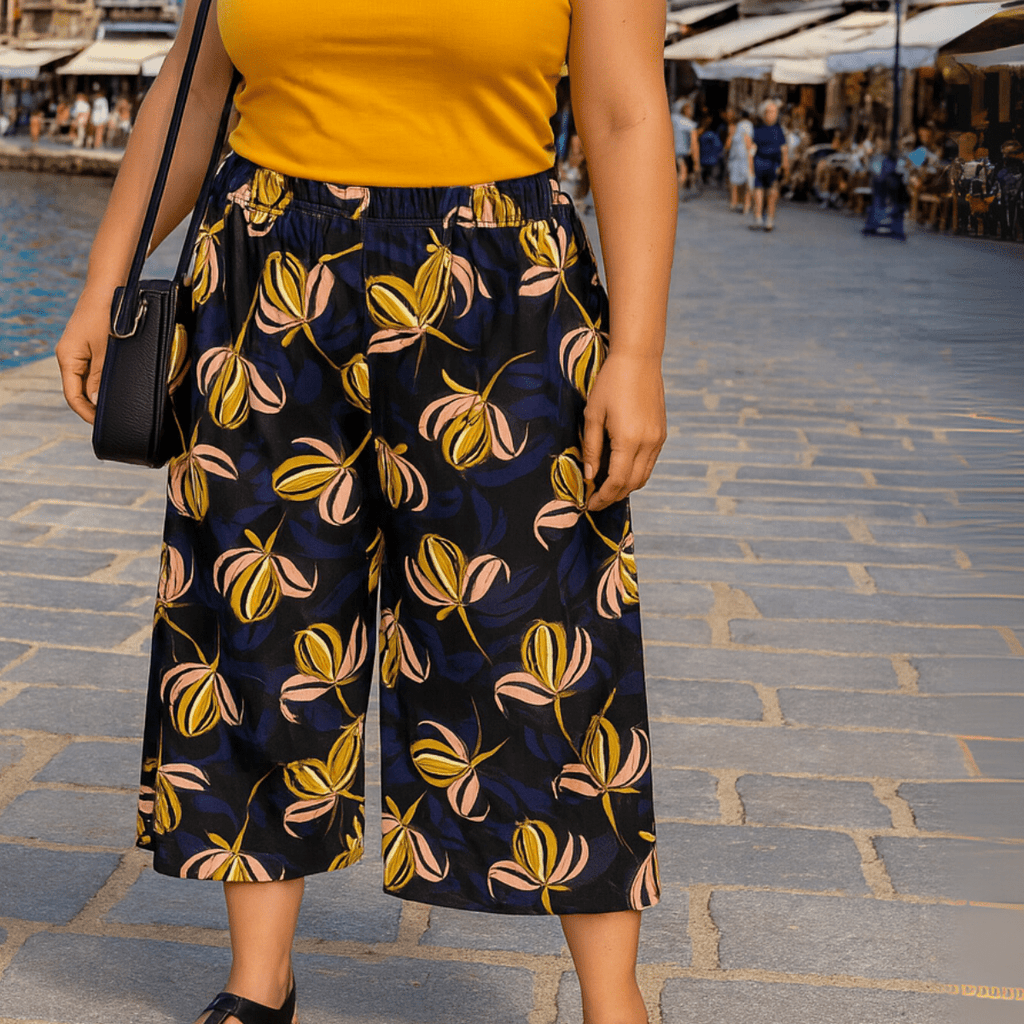 Floral Wide-Leg Culottes featuring a vibrant pattern and comfortable fit.