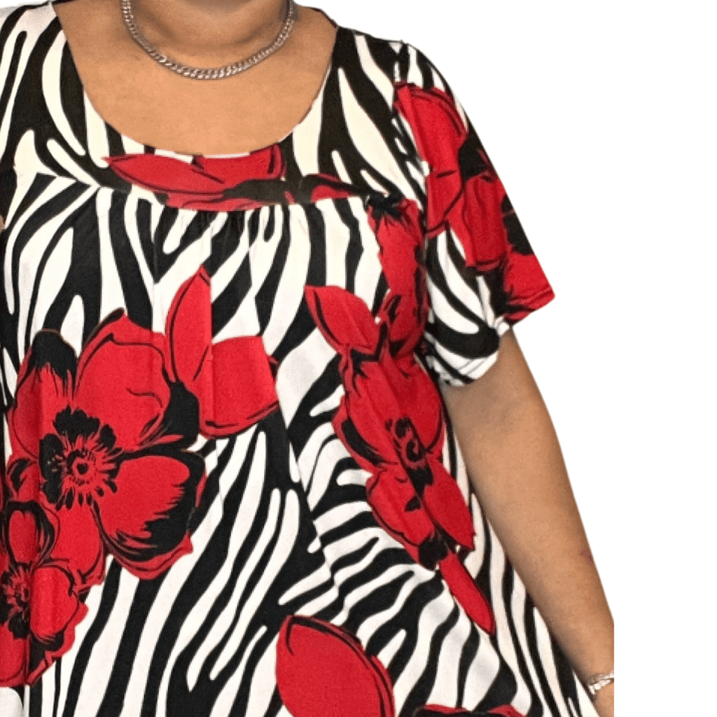 ROCKTHOSECURVES RED WHITE BLACK SWIRL SHORT SLEEVE A-LINE SMOCK TOP - FullFab