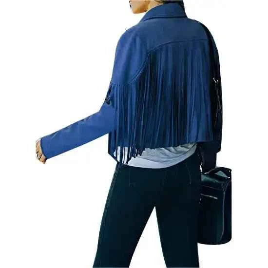 Women’s Blue Suede Tassel Lapel Cropped Motorcycle Jacket
