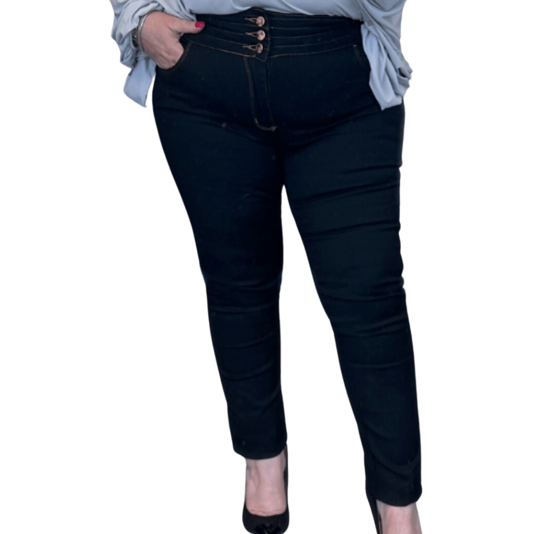 ROCKTHOSECURVES BLACK STRETCH HIGH WAIST JEANS WITH GOLD BUTTONS AND LATTICE WAIST - FullFab