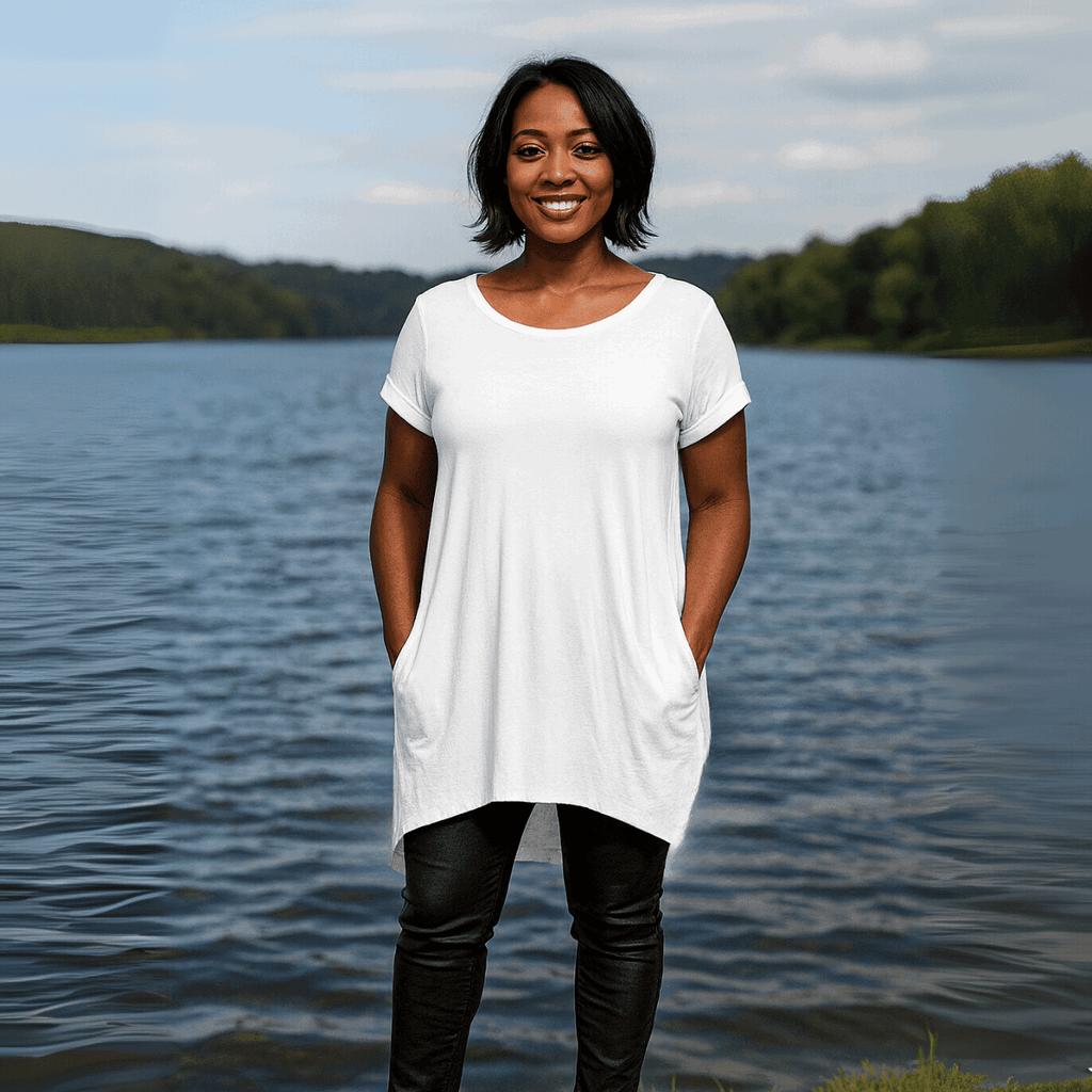Long Be Kind Dipped-Hem T-Shirt with Side Pockets - FullFab