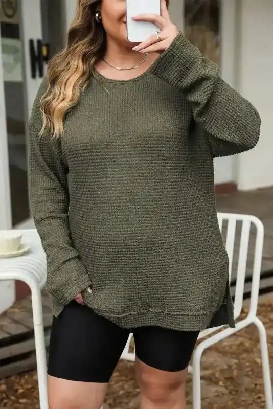 Moss Green Textured Knit Top | Plus Size Long Sleeve - FullFab