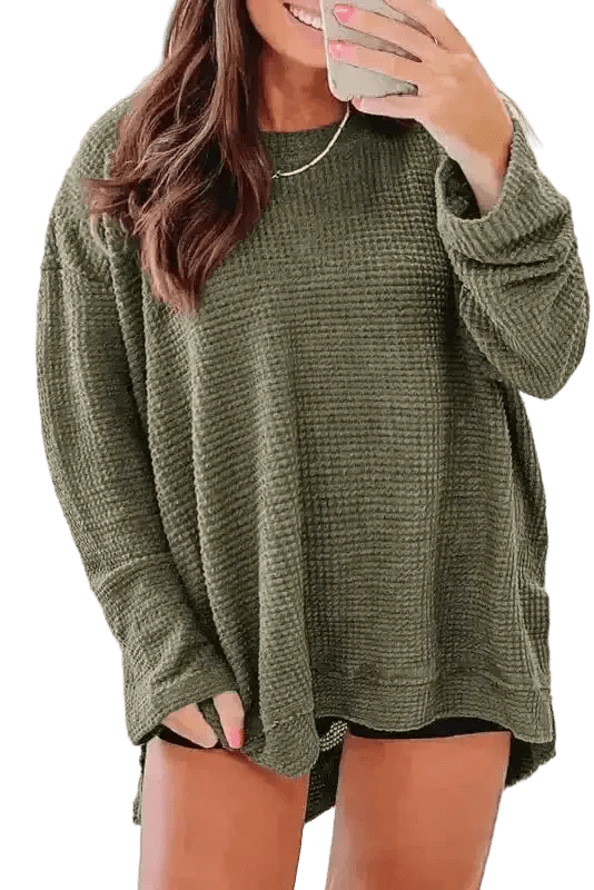 Moss Green Textured Knit Top | Plus Size Long Sleeve - FullFab