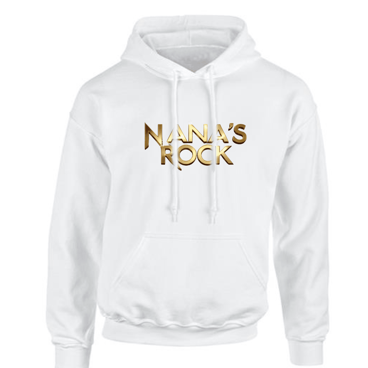 Nana's Rock white hoodie featuring a gold graphic design.
