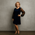 Elegant navy blue dress with sheer sleeves, perfect for formal occasions.