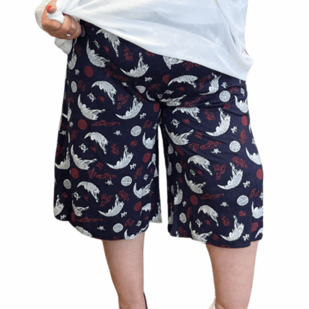 NAVY RED BIRDS ELASTIC WAIST CULOTTES - FullFab