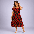 Off Shoulder Black Red Roses Frilled Gypsy Dress - FullFab