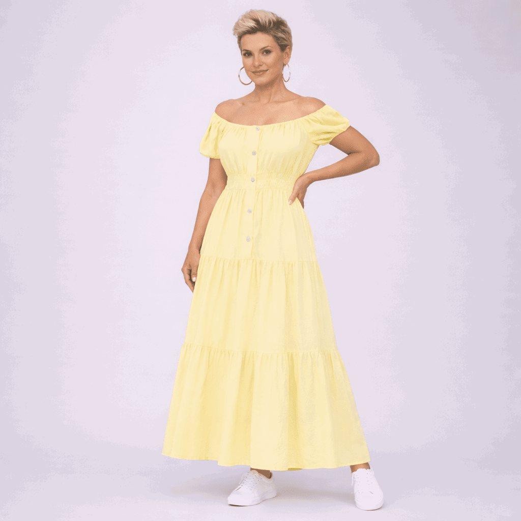 Off Shoulder Elastic Waist Gypsy Style Maxi Dress - FullFab