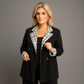 Black Double Breasted Blazer with Cream Tartan Lapels - FullFab