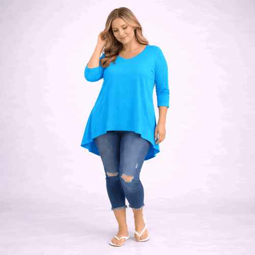 Plain 3/4 Sleeve Dipped Hem Top - FullFab