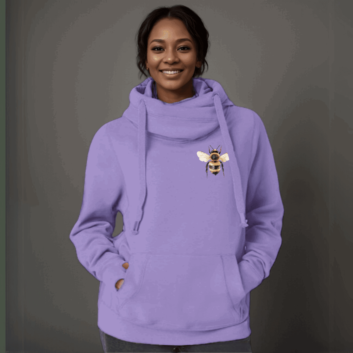 Plus-Size Cowl-Neck Cotton Hoodie with Bee Print - FullFab