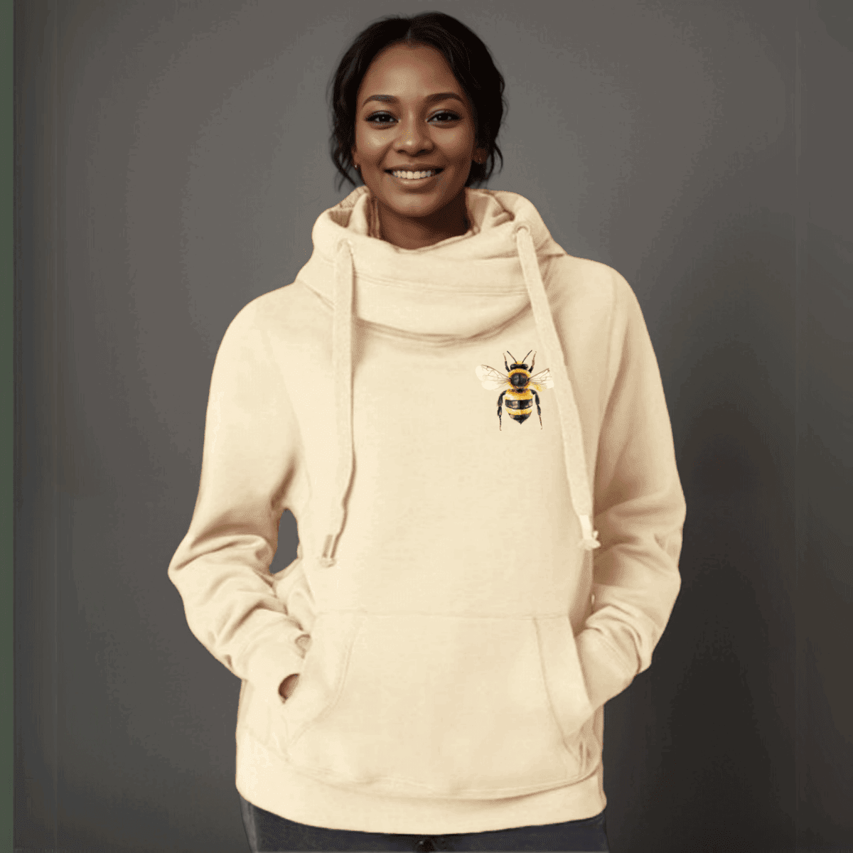 Plus-Size Cowl-Neck Cotton Hoodie with Bee Print - FullFab