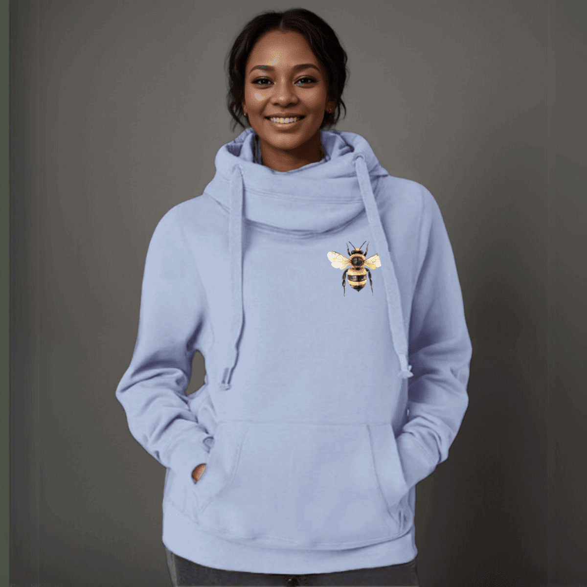 Plus-Size Cowl-Neck Cotton Hoodie with Bee Print - FullFab