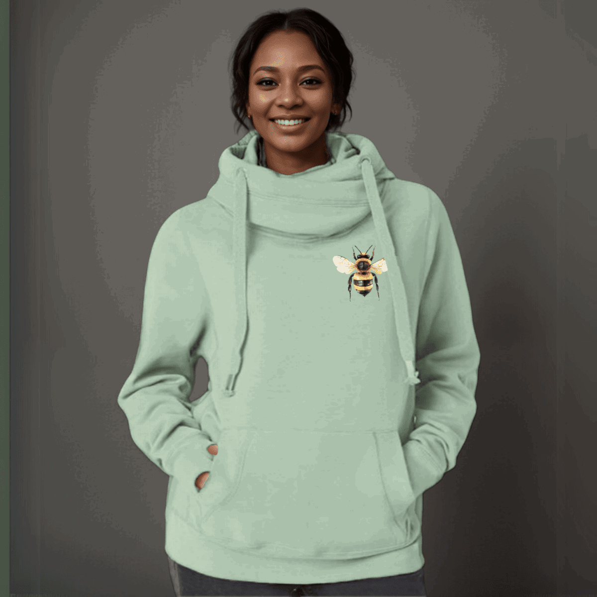 Plus-Size Cowl-Neck Cotton Hoodie with Bee Print - FullFab