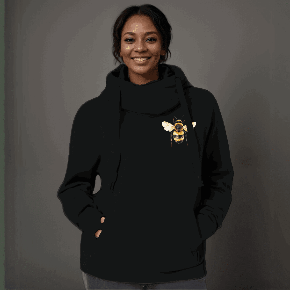 Plus-Size Cowl-Neck Cotton Hoodie with Bee Print - FullFab