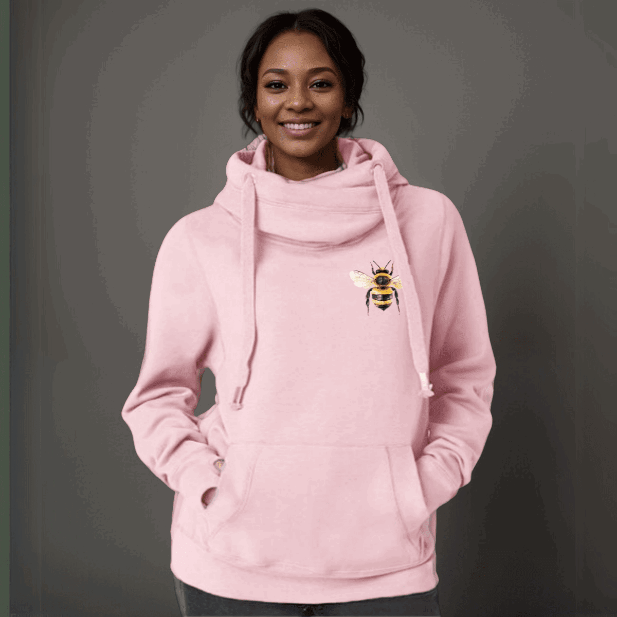 Plus-Size Cowl-Neck Cotton Hoodie with Bee Print - FullFab