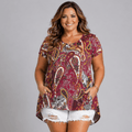 Pink Paisley Dipped Hem Cap Sleeve Top / T-Shirt with Side Pockets - FullFab