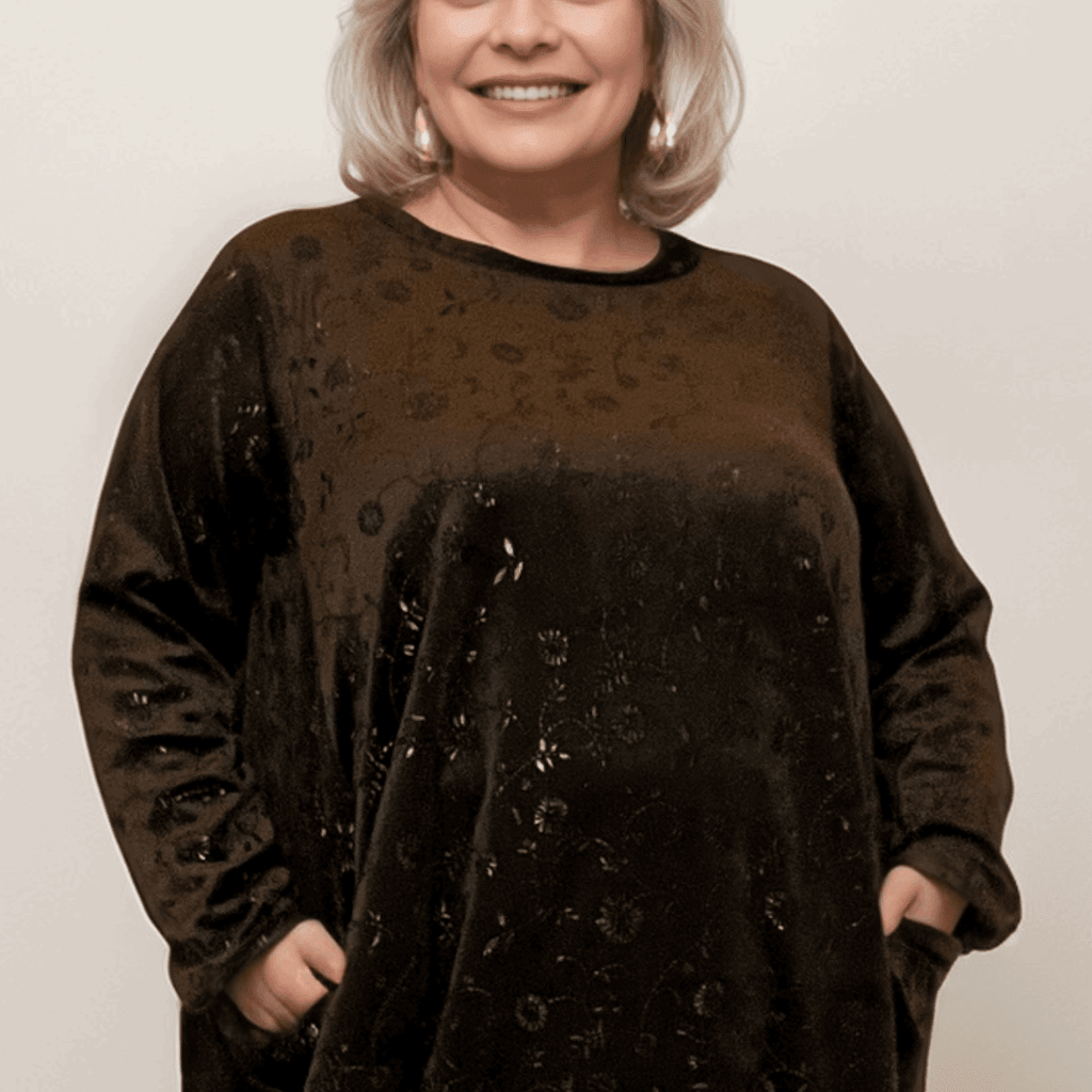 PLUSH BROWN LUXURY VELVET EMBOSSED DRESS WITH POCKETS - FullFab