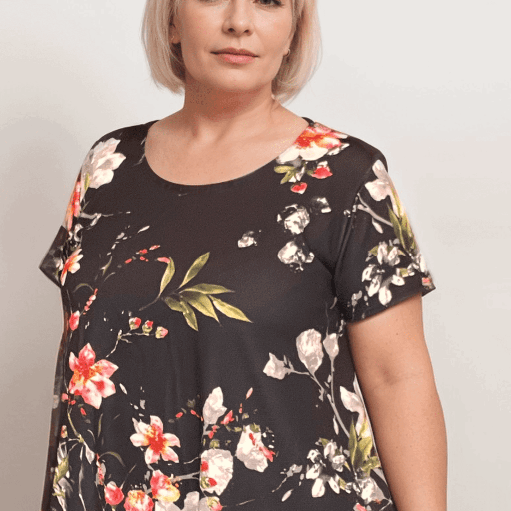Plus‑Size Black Floral Crepe Swing Top with Hanky Hem - FullFab