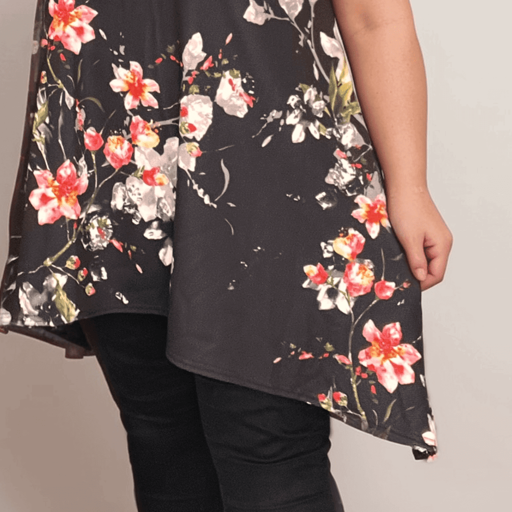 Plus‑Size Black Floral Crepe Swing Top with Hanky Hem - FullFab
