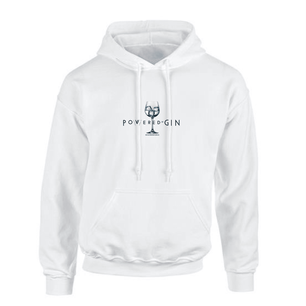 Power-Gin white hoodie featuring a stylish glass logo on the front.