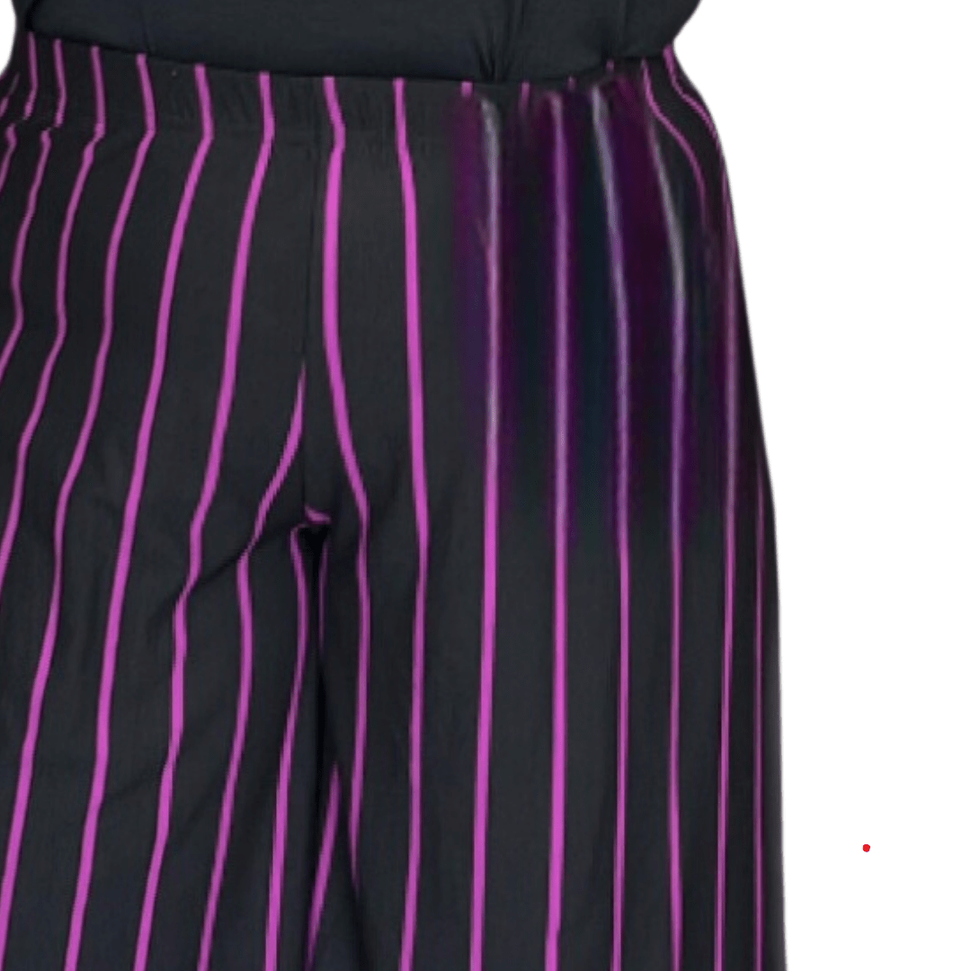 Purple Striped Pants featuring bold vertical stripes and a stylish fit.