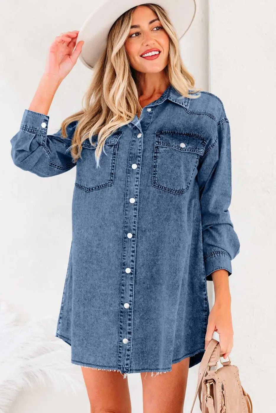 Raw Hem Oversized Denim Shirt Dress Women UK - FullFab