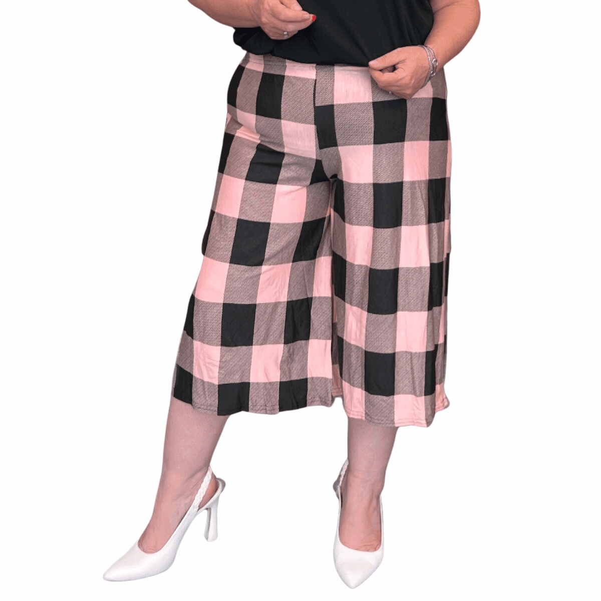 ROCKTHOSECURVES BLACK PINK SQUARE CHECKED ELASTIC WAIST CULOTTES / SHORTS - FullFab