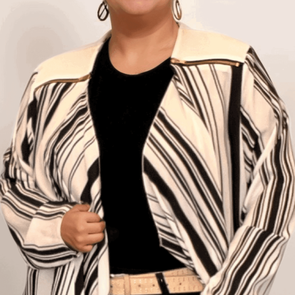 ROCKTHOSECURVES BLACK WHITE STRIPED WATERFALL JACKET WITH FEATURE ZIP SHOULDERS - FullFab
